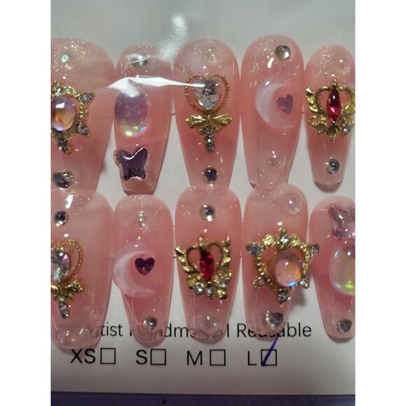 10 New LUXURY PRESS on NAILS set Pink with Gold Gems Hearts Bling- Reuseable - Picture 1 of 2